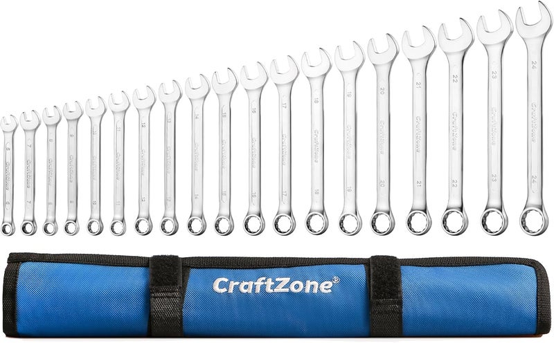 CRAFTZONE 19-Piece Combination Wrench Sets CR-V Metric Wrench Set 6-24mm Box and Open End Wrench Set 12-Point with Rolling Pouch Industrial for Workshop Outdoor Diy Repair - Image 1